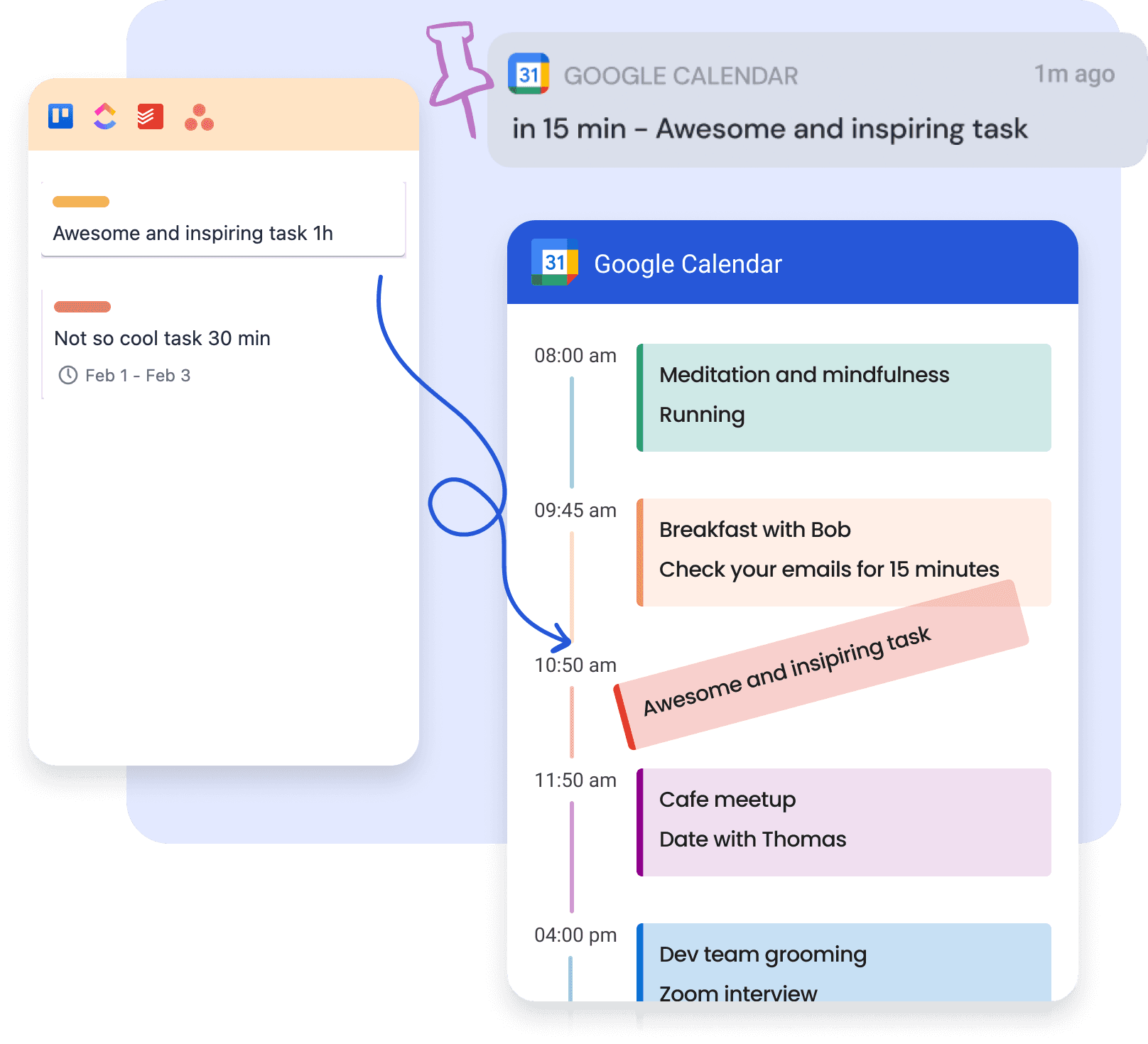 trello, clickup, asana, todoist sync to Google Calendar