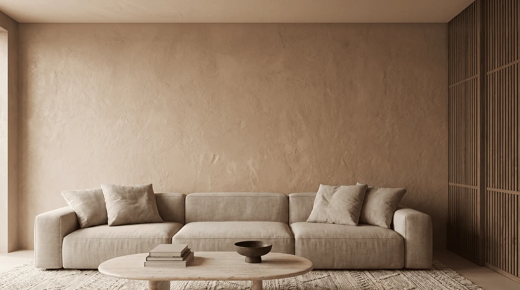 A minimalist living room features a beige, modern sofa adorned with matching cushions placed against a textured wall, accompanied by a round wooden coffee table holding a bowl and stacked books, all set atop a neutral-toned rug.