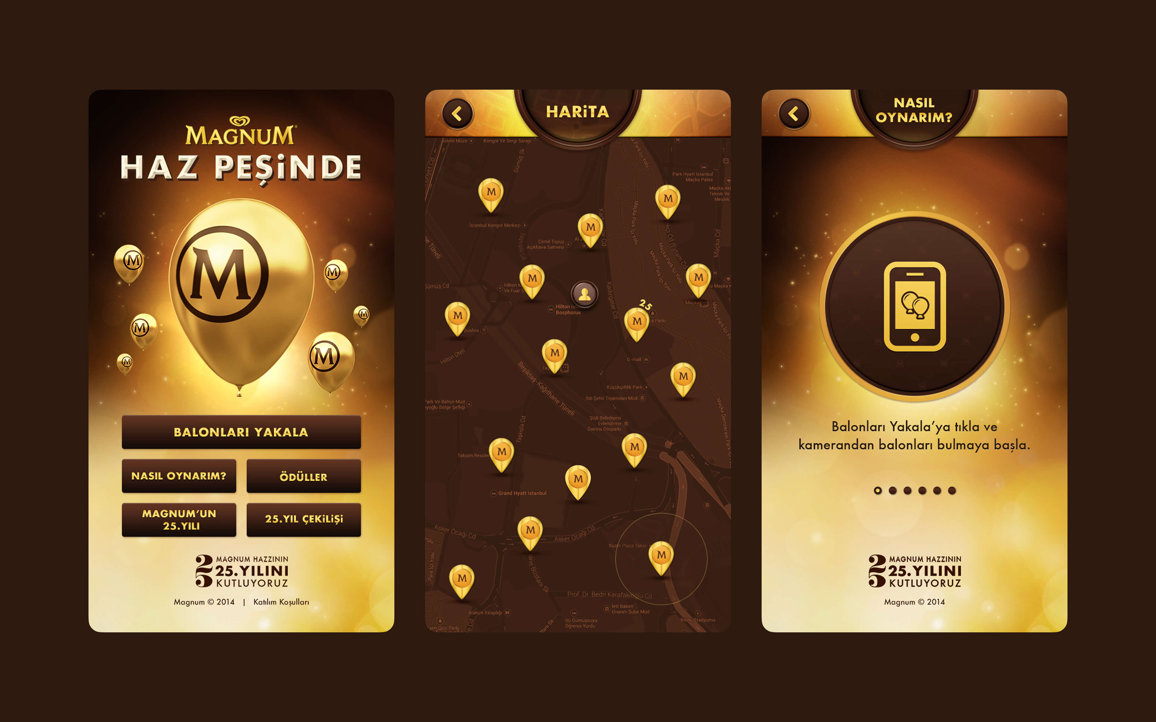 Magnum 25th anniversary app screens featuring golden balloon game, interactive map, and instructions in dark gold luxurious theme.