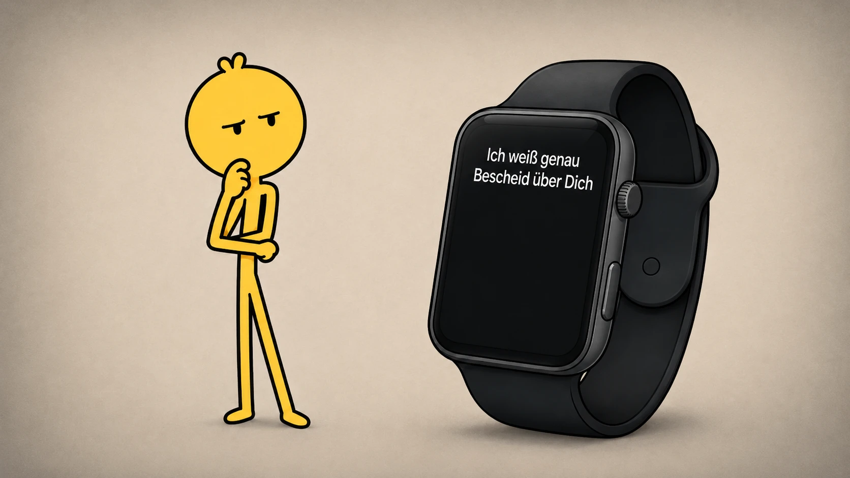 Harald betrachtet skeptisch eine Smartwatch mit der Anzeige ‚Ich weiß genau Bescheid über Dich‘.