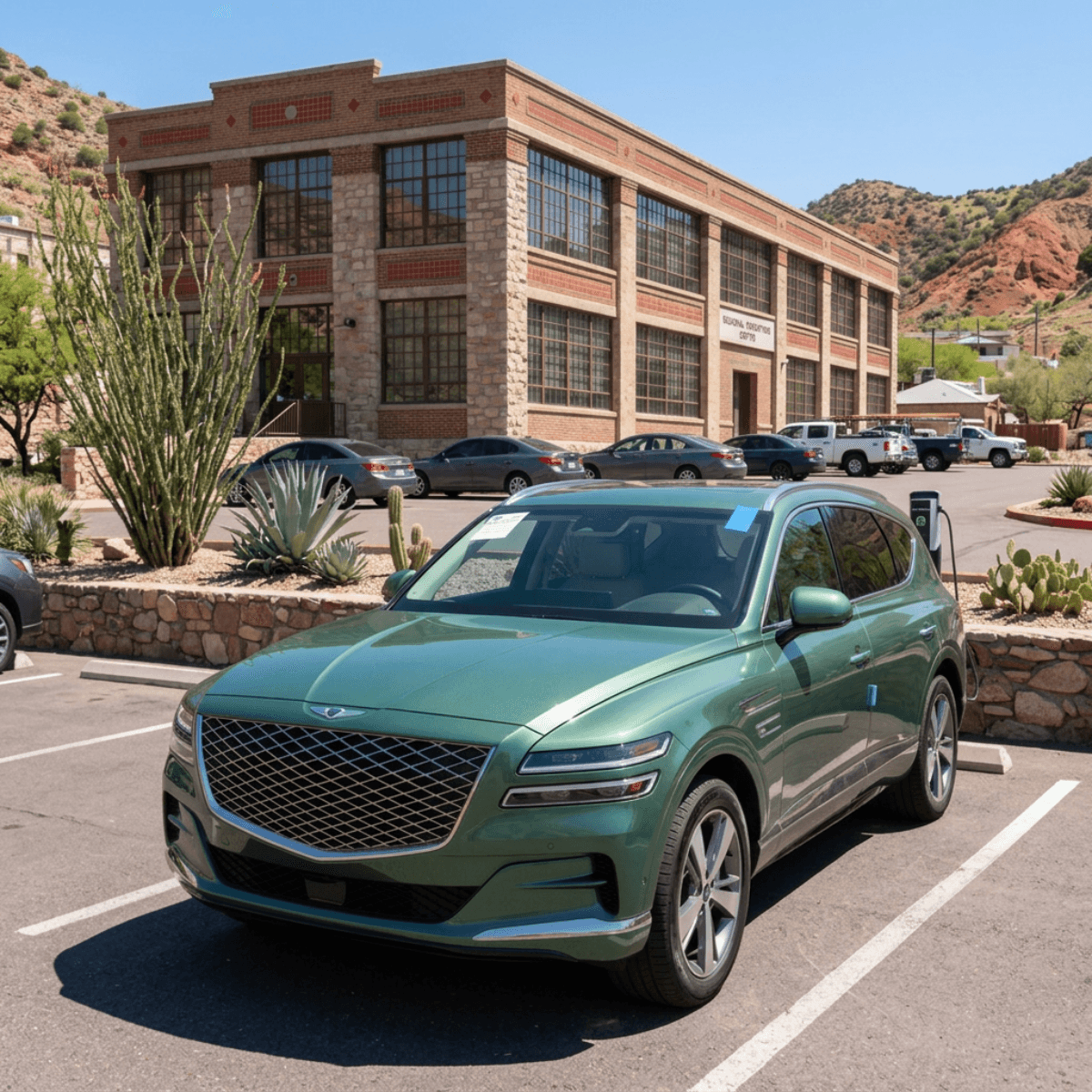 Green Genesis GV80 SUV with a brand new windshield installed in Bullhead City, Arizona