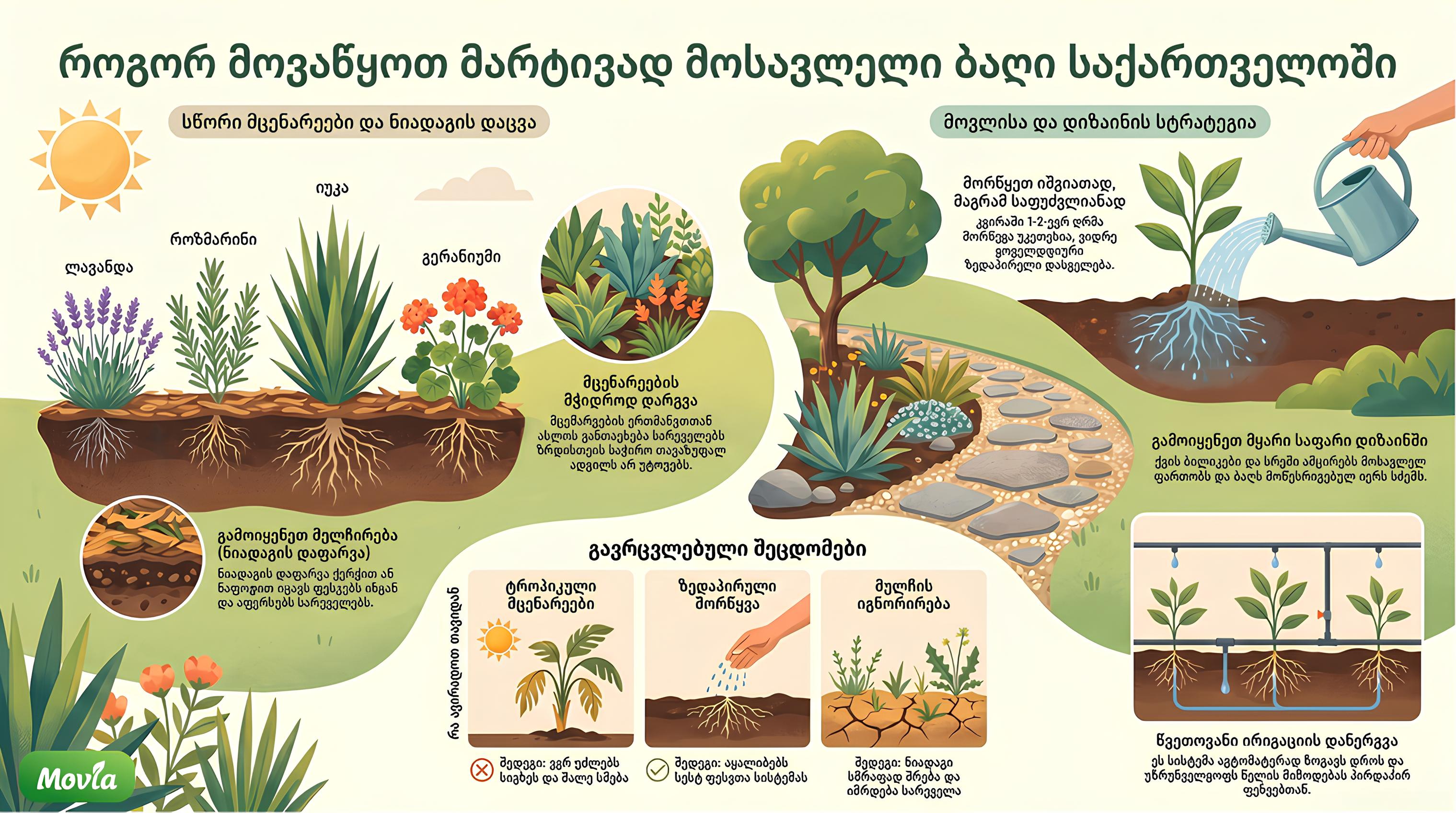 მარტივად მოსავლელი ბაღის მოწყობა საქართველოში: გვალვაგამძლე მცენარეები, მულჩირება და წვეთოვანი ირიგაცია.