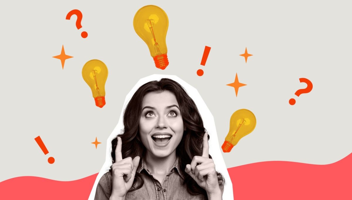 Stylized image with light bulbs, exclamation points, and question marks, symbolizing curiosity and problem‑solving in interviews.