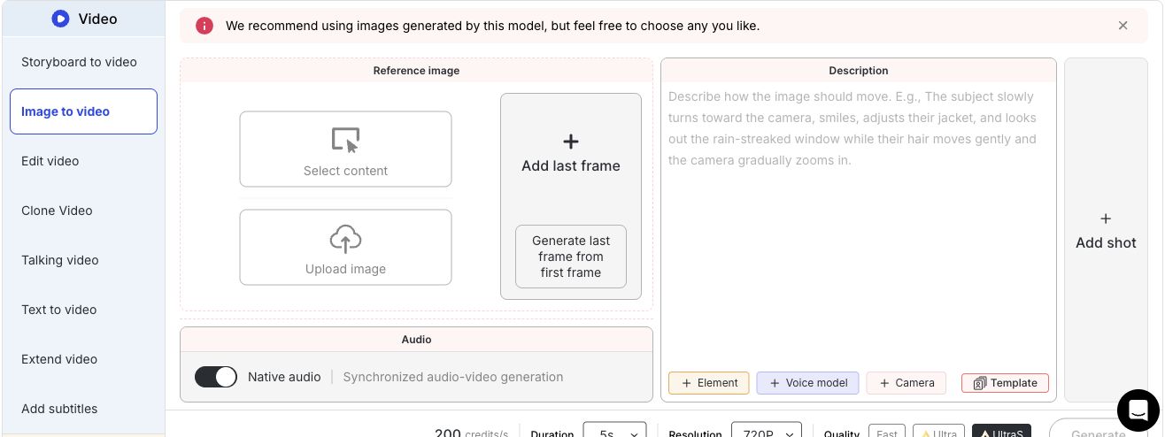 Barre d'outils vidéo de l'interface de création APOB : modes Image vers vidéo, Texte vers vidéo, Montage, Extension et Sous-titrage