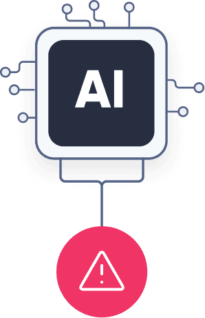 A graphic depicts a central microchip labeled "AI," surrounded by a network of subtle connecting nodes, with a large red exclamation mark icon beneath, symbolizing caution or a warning related to artificial intelligence technology.