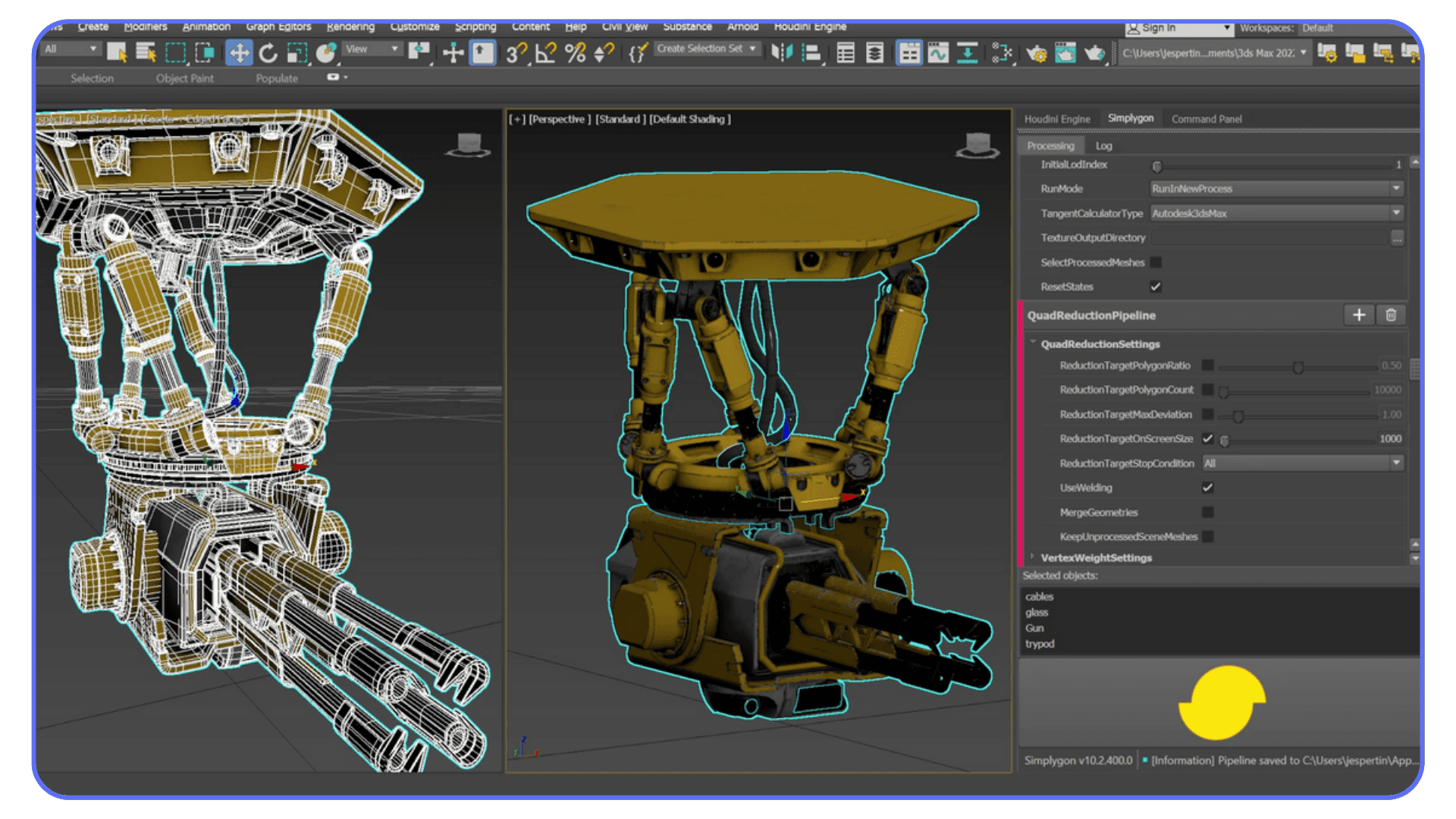 3ds Max interface displaying a mechanical turret model, with a wireframe view on the left and a shaded view on the right, alongside SimpHyon quad-reduction settings.