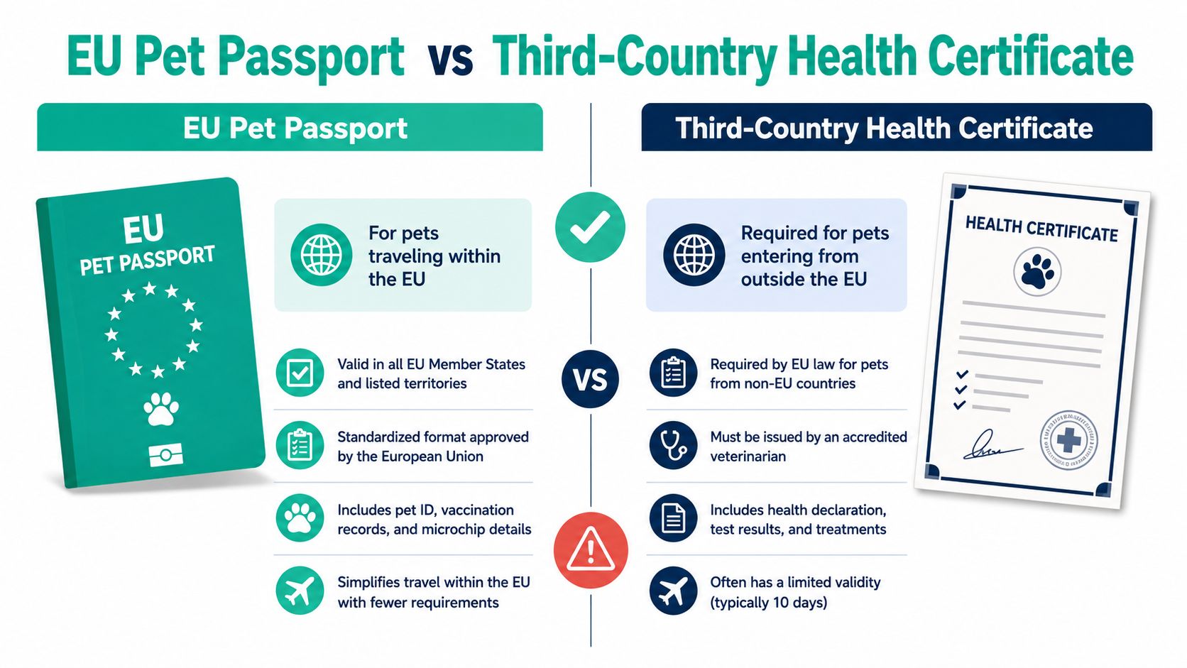 A comparison chart explaining the differences between an EU pet passport and a third-country health certificate.