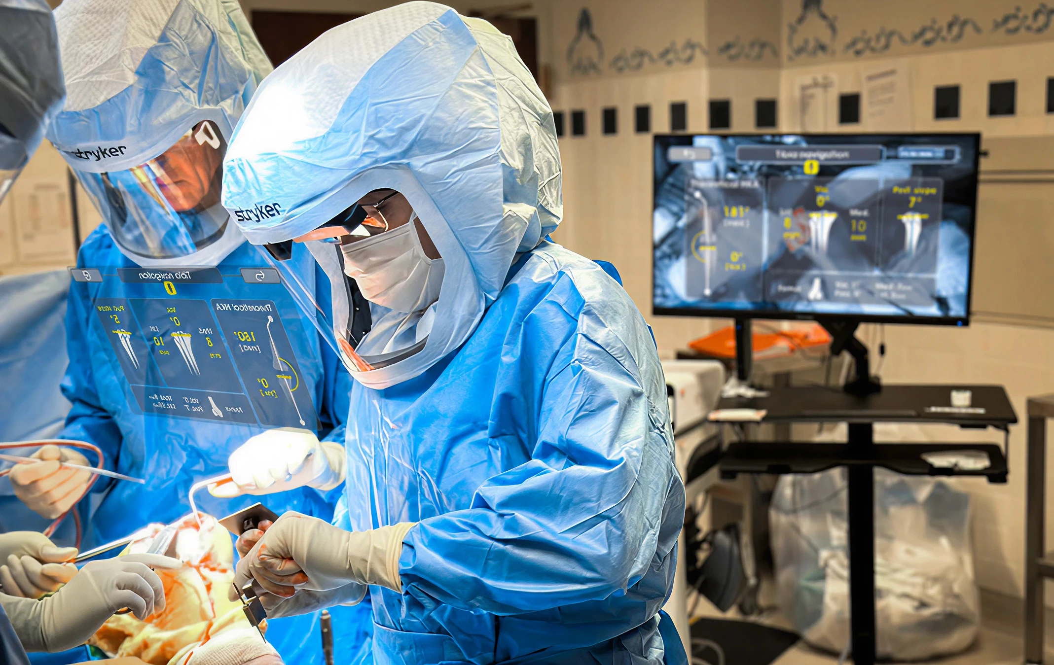 Surgeon wearing Stryker AR glasses with a live tibia navigation overlay displayed on the surgical heads-up display during an orthopedic procedure