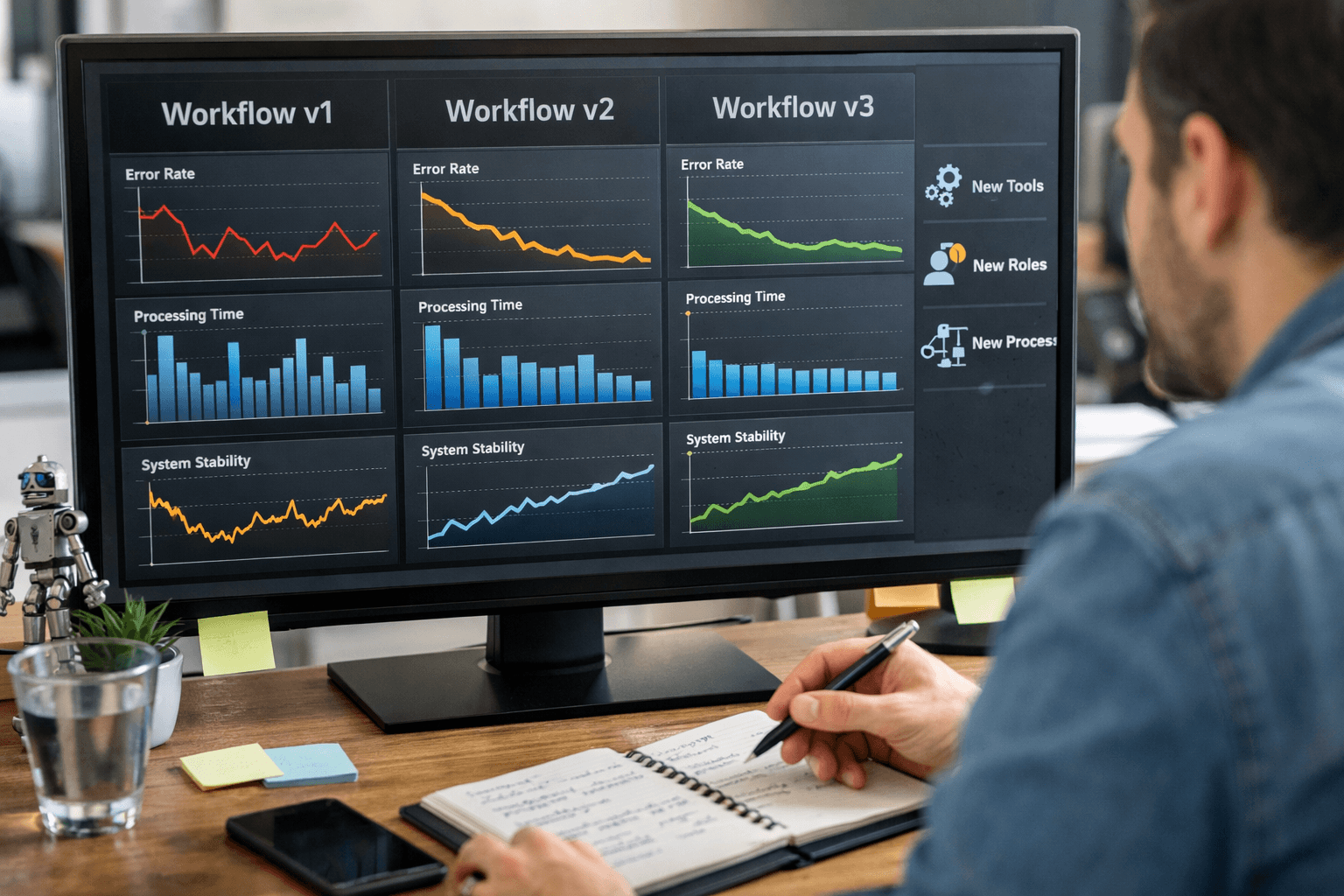 generate image: A photo-realistic scene of a dashboard labeled with multiple workflows over time (e.g., “v1, v2, v3”), with charts showing improved stability and performance as versions progress, and a person reviewing these insights, suggesting automation as a living system that evolves with new tools, roles, and processes.