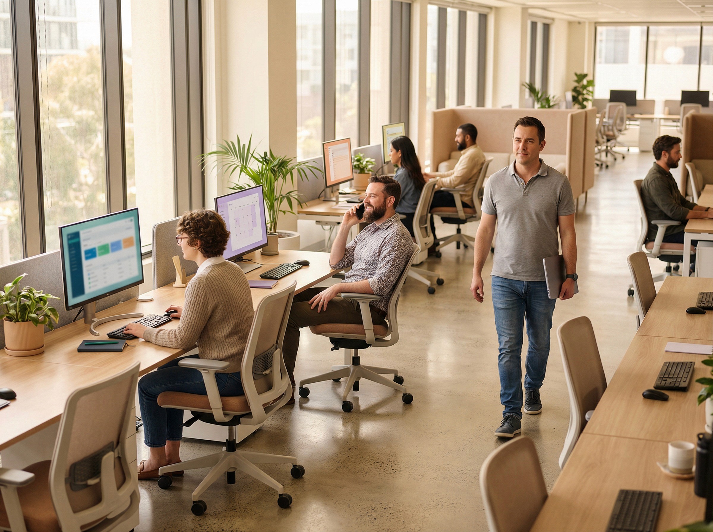 A wide, calm shot of a modern open-plan office at mid-morning where everything is simply working. A finance coordinator is at her desk processing something routine. A HR manager two desks away is on a phone call, relaxed. An IT administrator is walking between rows carrying a laptop under his arm, not rushing. Three or four monitors are visible across the space, each showing a different interface — a HRIS, an email client, a calendar, a dashboard — all visible as distinct coloured shapes but none legible. Nobody is doing integration work. Nobody is exporting a CSV. Nobody is copying data between systems. The office is just operating. 