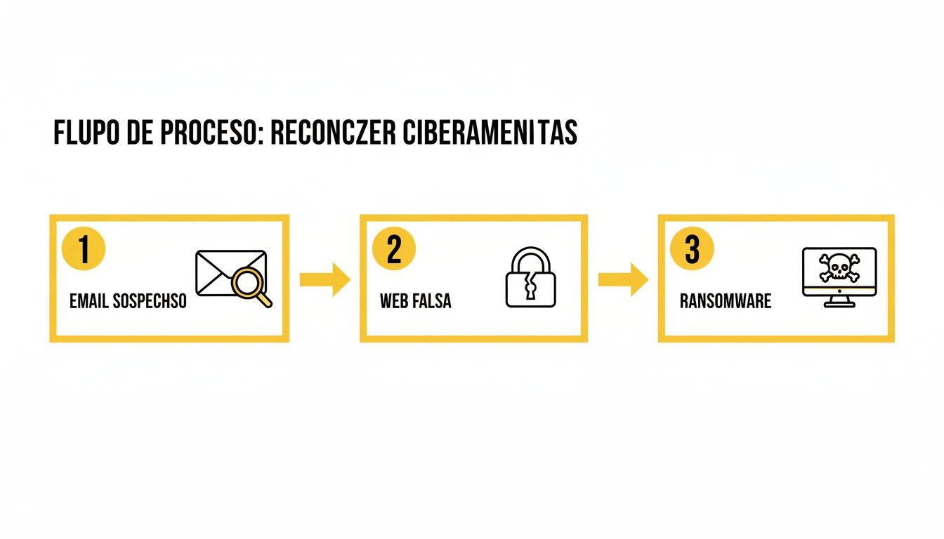 Diagrama de flujo de ciberseguridad mostrando el proceso de una amenaza: email sospechoso a web falsa y ransomware.