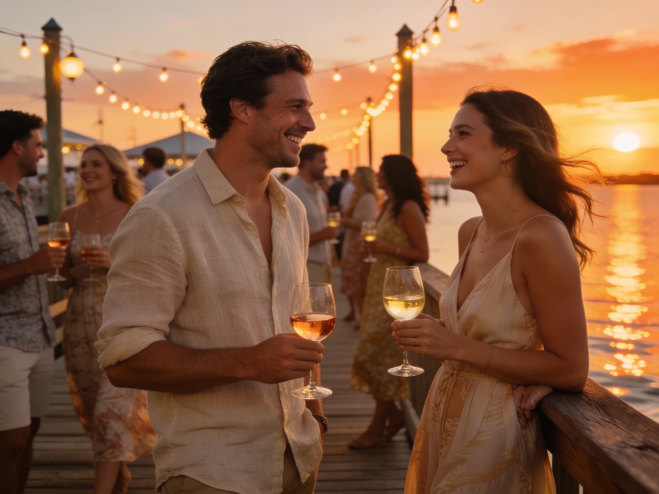 People enjoying wine tasting at sunset along the Kemah Boardwalk waterfront