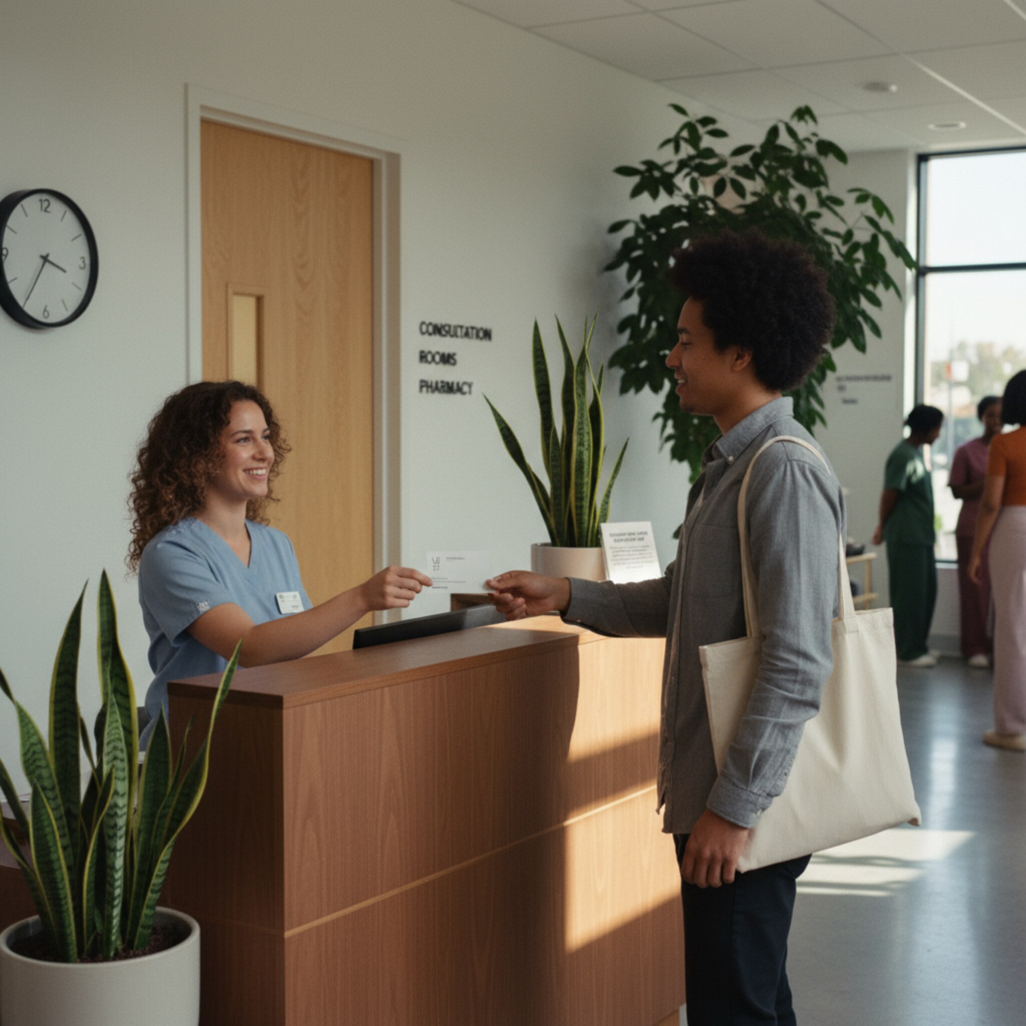 An der Klinikpforte begrüßt eine Mitarbeiterin einen Besucher und übergibt eine vorbereitete Karte. Im Hintergrund öffnet sich eine Tür zu einem ruhigen Flur. Der Moment wirkt geordnet, sicher und freundlich, die Abläufe sind klar erkennbar.