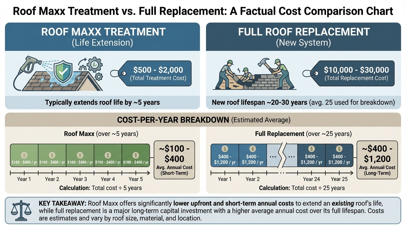 Roof Maxx cost comparison showing treatment vs replacement pricing