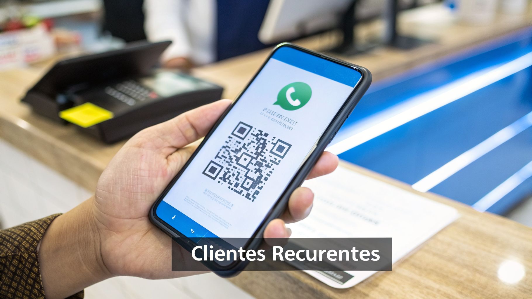 Una mano sostiene un teléfono con un código QR de WhatsApp para clientes recurrentes en un mostrador.