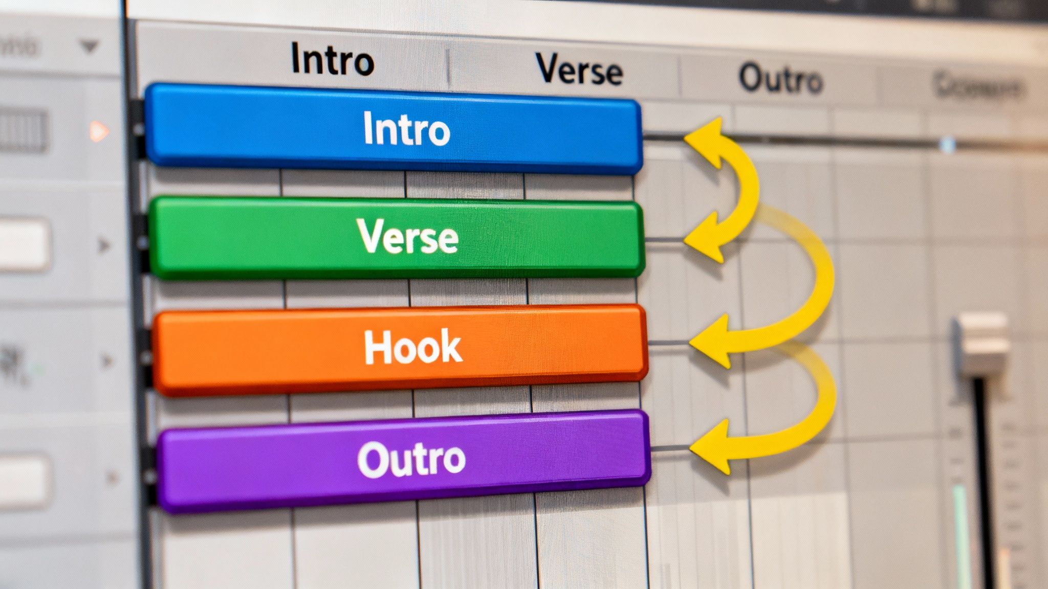 A digital audio workstation timeline showing a fully arranged rap beat with different colored sections for intro, verse, and chorus.