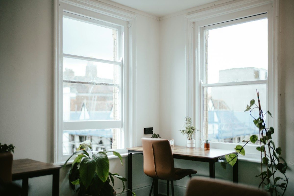Desks under the new windows in the converted garage