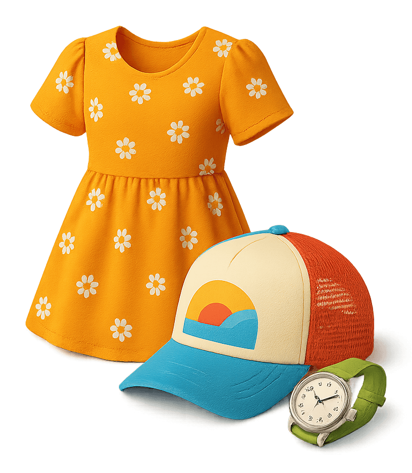 Clothing and accessories items including a dress, hat, and watch for selling in this category