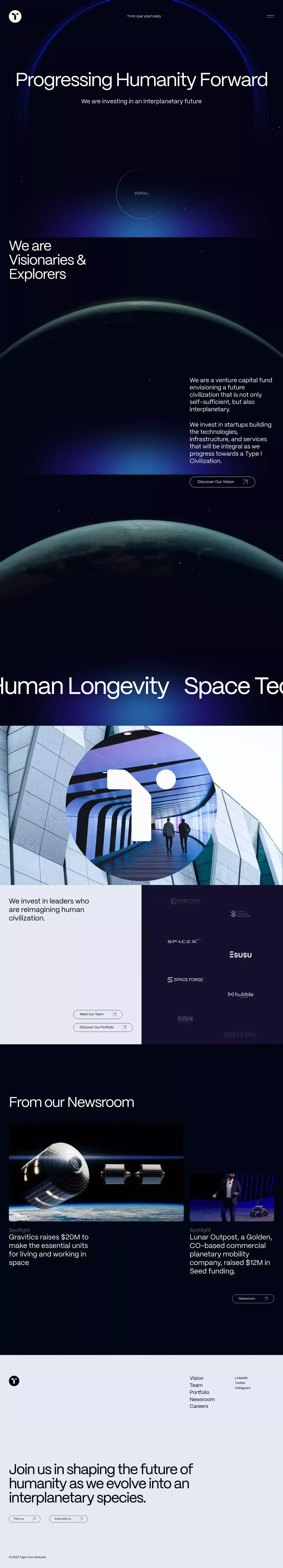 Type One Ventures portfolio page screenshot showcasing Tech and Finance design