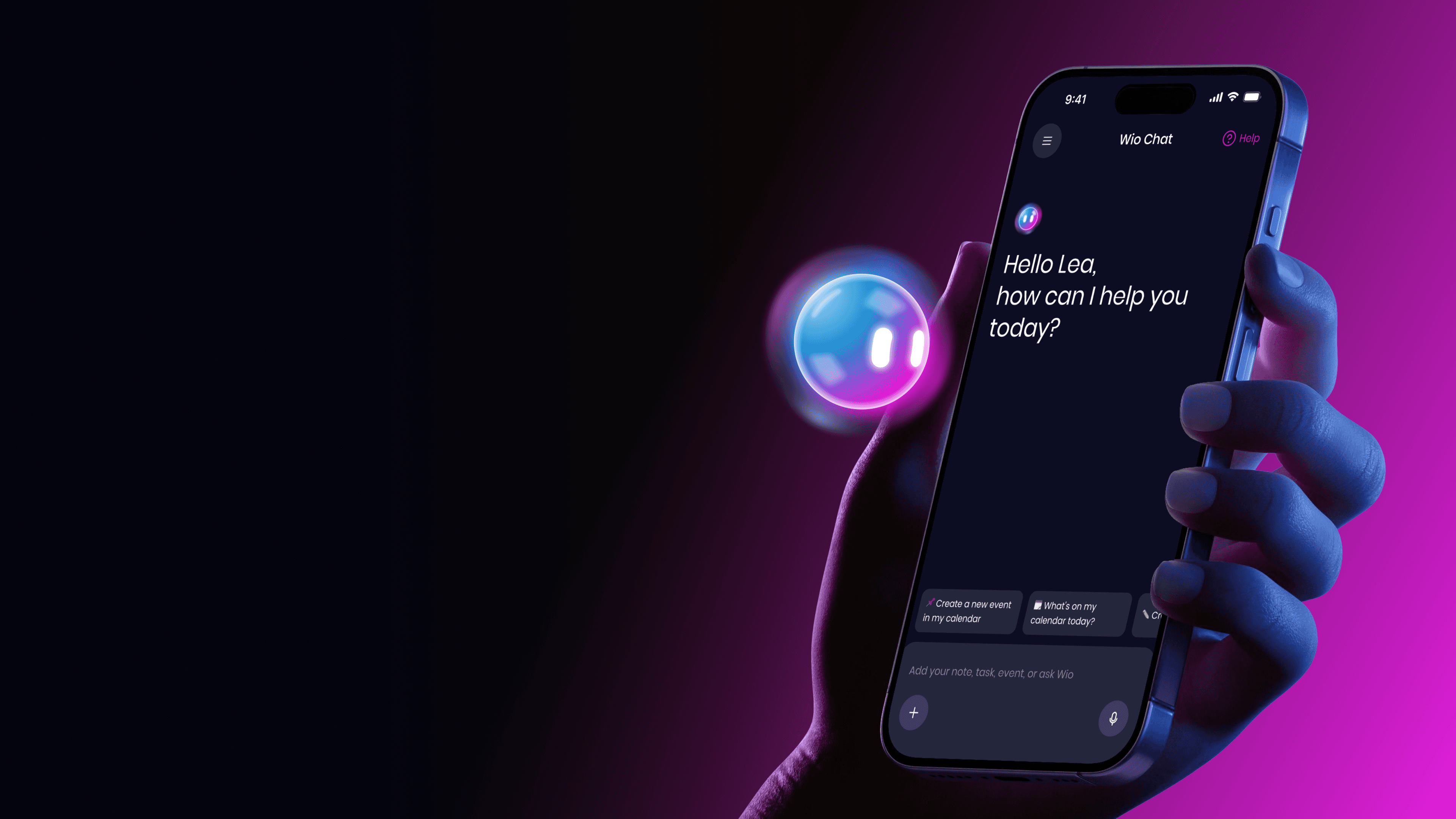 Hand holding a phone with the Mindwio Wio Chat screen open, glowing AI orb avatar floating beside it