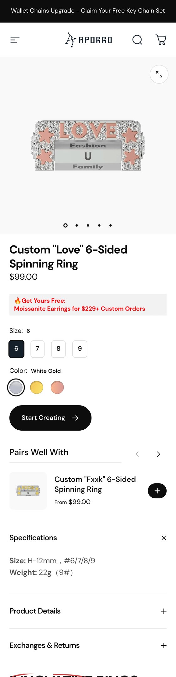 Jewelry product options include: ring for Custom "Love" 6-Sided Spinning Ring from APORRO.