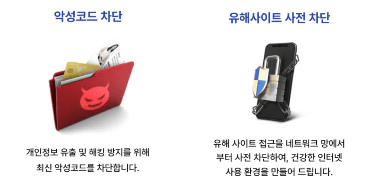 악마 아이콘이 그려진 빨간 폴더(악성코드 차단)와 자물쇠·방패로 잠긴 스마트폰(유해사이트 사전 차단)을 나란히 배치한 스카이라이프 안심 인터넷 보안 기능 소개 이미지입니다.