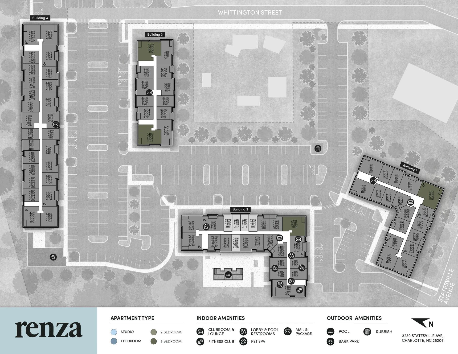 Site map of Renza apartments highlighting the apartments with three bedrooms in each building.