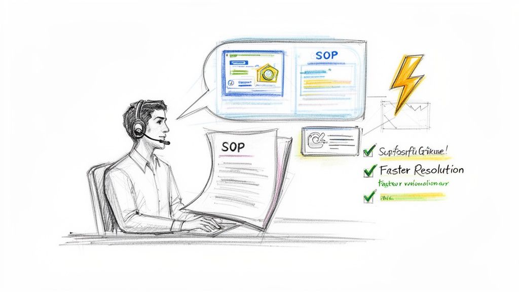 A sketch of a help desk agent using digital and physical SOPs for faster issue resolution.