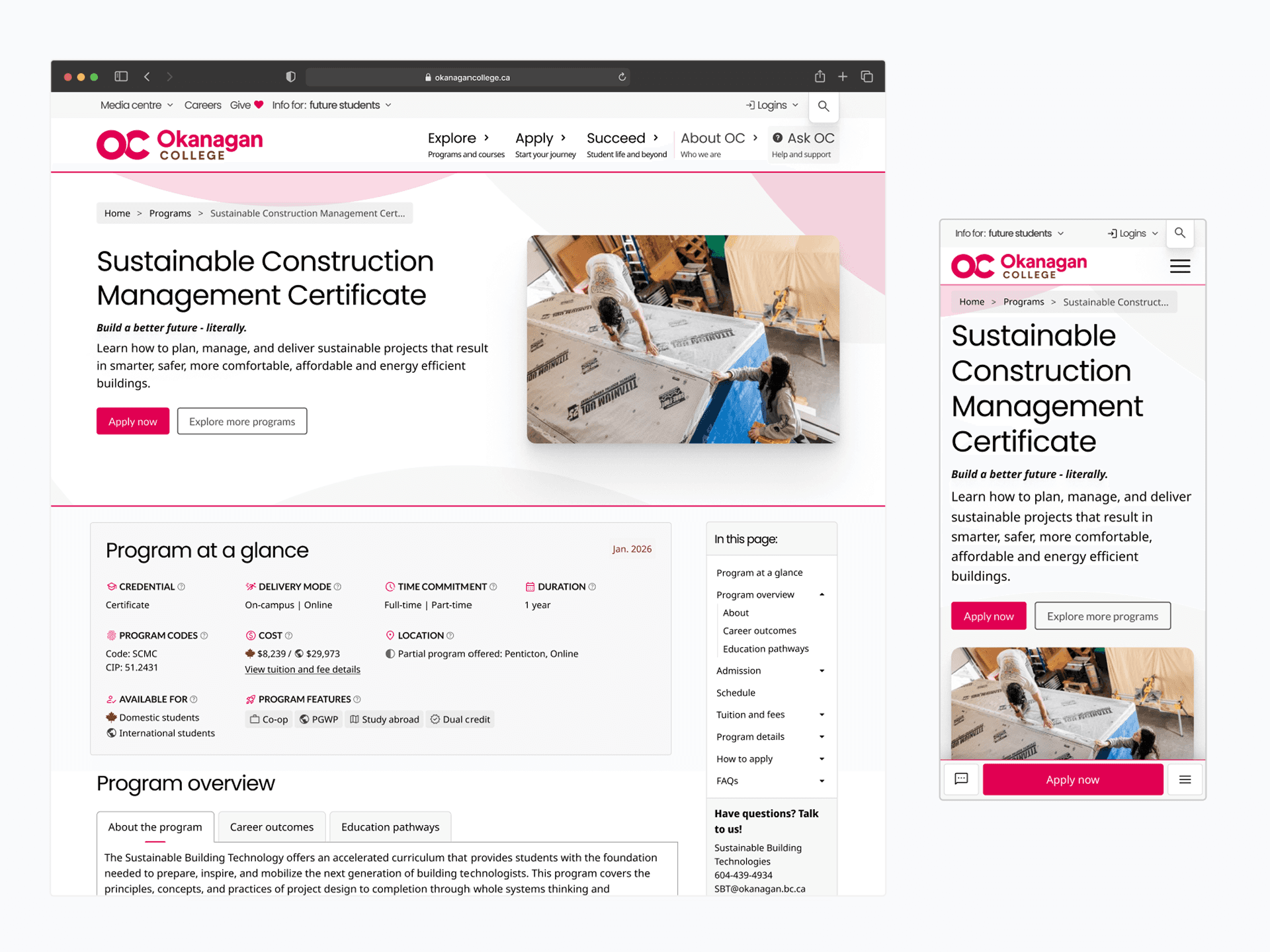 Preview of a program page for a post-secondary institute
