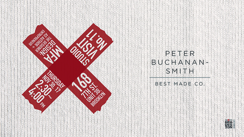 A poster showing some white textile material with a brown X bandage that has text on it. The title of the poster: Peter Buchanan-Smith. Best Made Co.