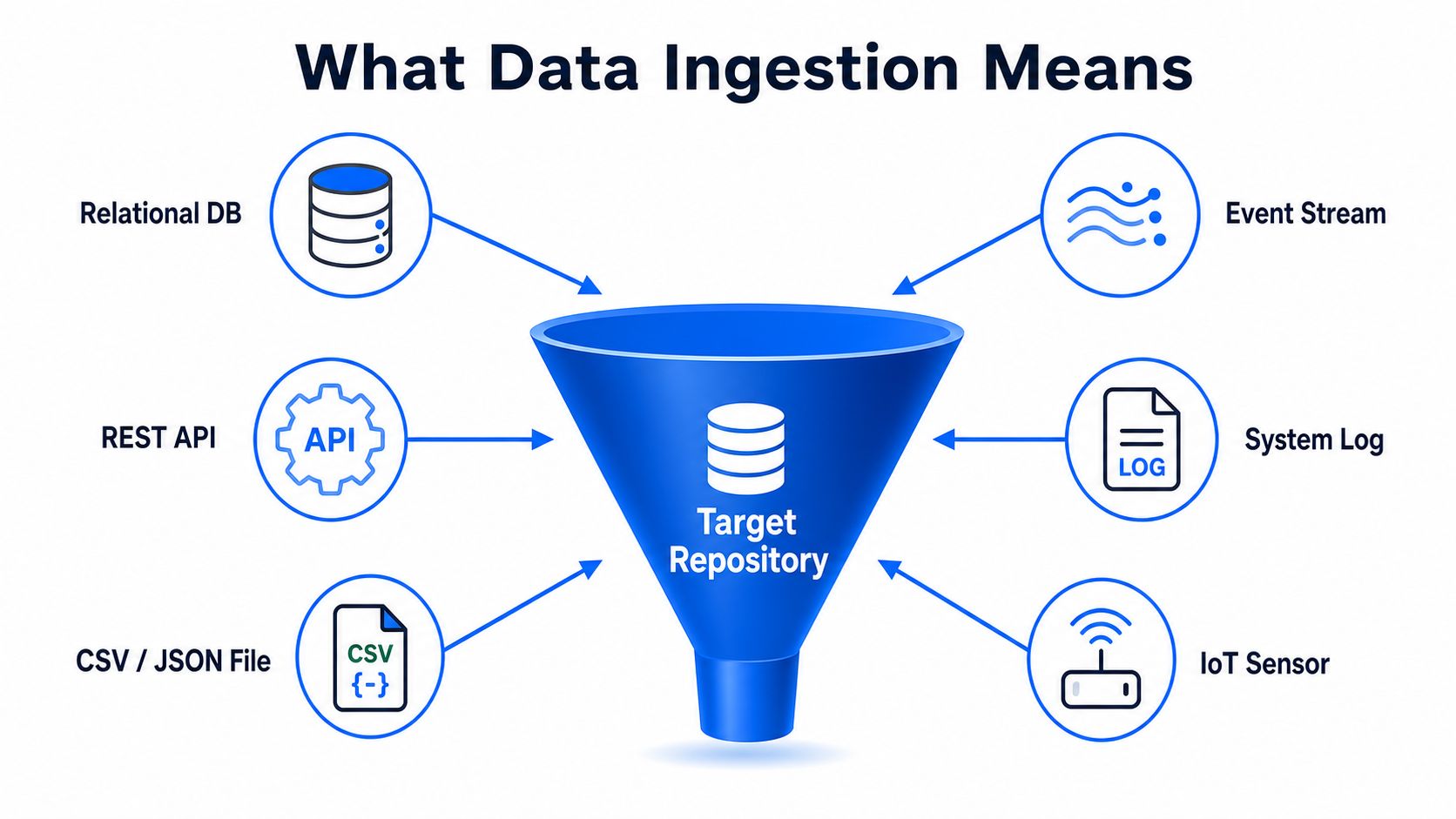 A diagram illustrating data ingestion, showing various data sources flowing into a central target repository.
