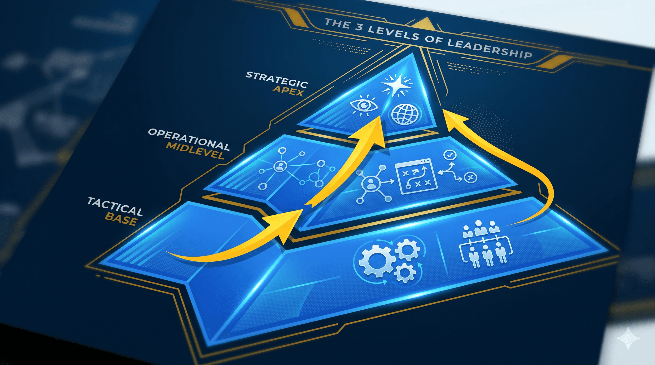 The 3 Levels of Leadership - three levels of leadership framework visualization with strategic blue and Michigan maize branding