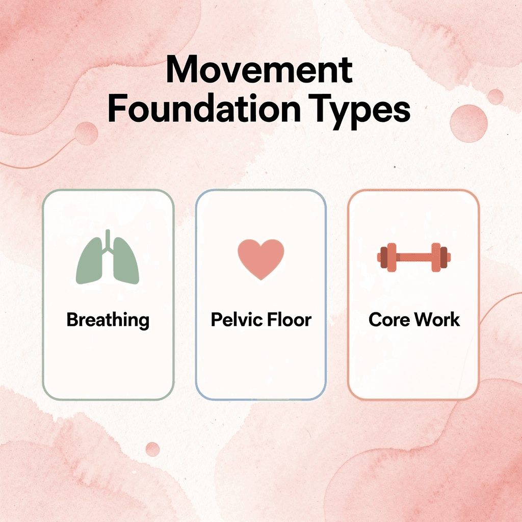 Infographic showing three types of foundational postpartum movements