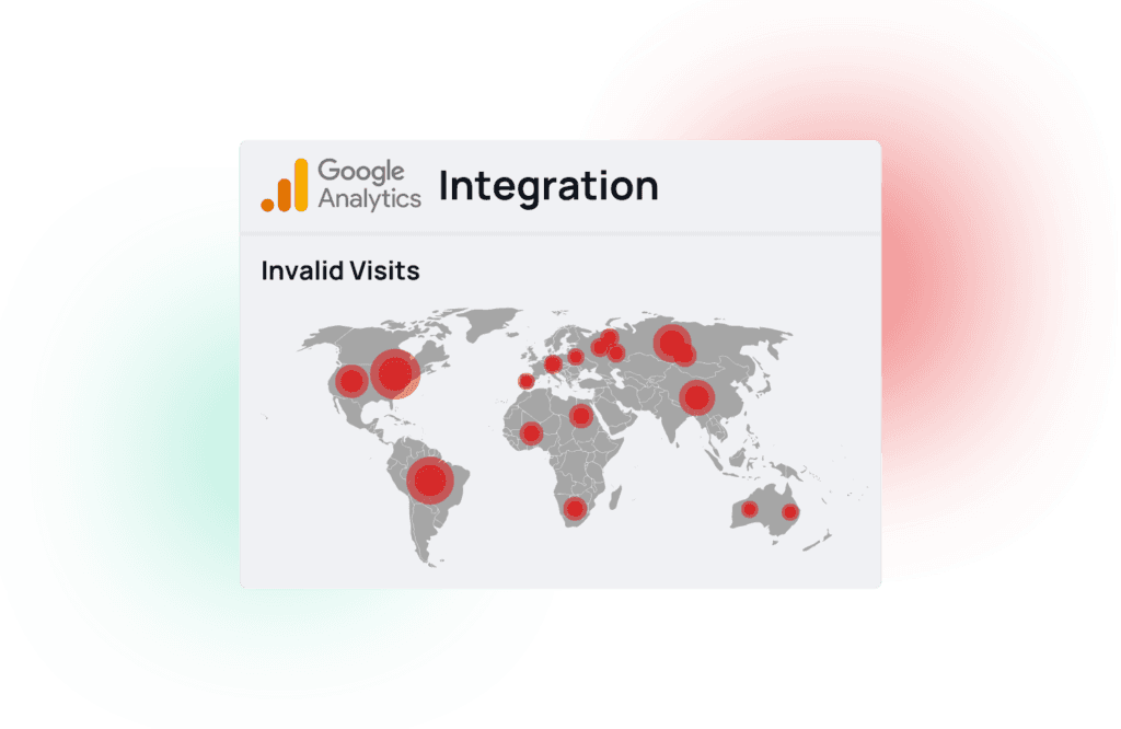 Mockup showcasing a visualization of a the fraud0 IVT data in Google Analytics on a world map.