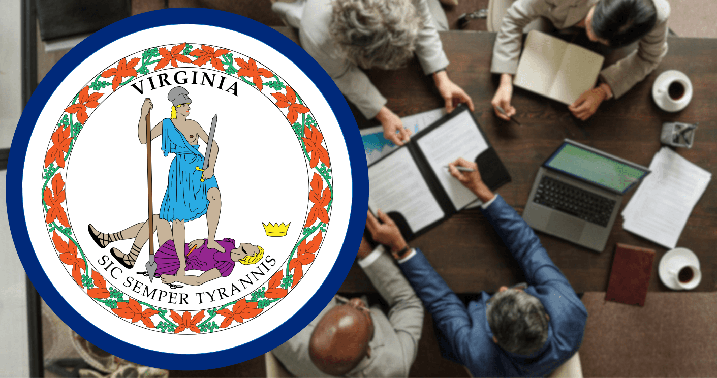 a group of business people meeting, and a Virginia state flag on top of the image
