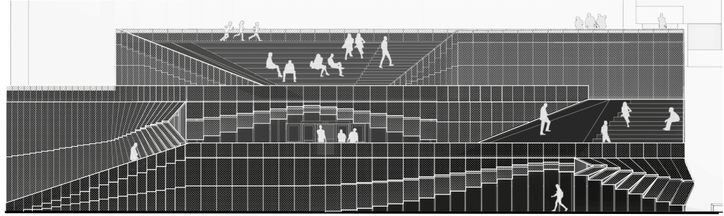 Elevation of the opera house, showing the public interraction with the facad and rooftop.