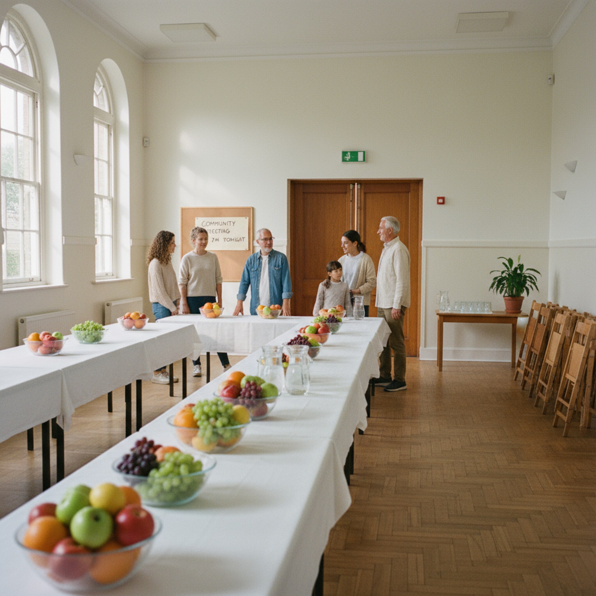 Eine helle Mehrzweckhalle ist für ein Nachbarschaftstreffen vorbereitet. Aufgestellte Tische mit weißen Decken und Schalen voll Obst schaffen eine einladende Stimmung. Durch große Fenster fällt warmes Licht auf den Parkettboden. Ein handgeschriebener Zettel mit dem heutigen Termin hängt am Korkbrett.