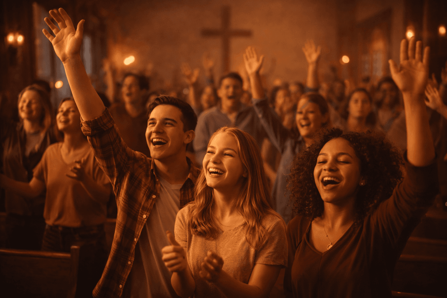 Small group of people praying together in church illuminated by candlelight during a prayer service.