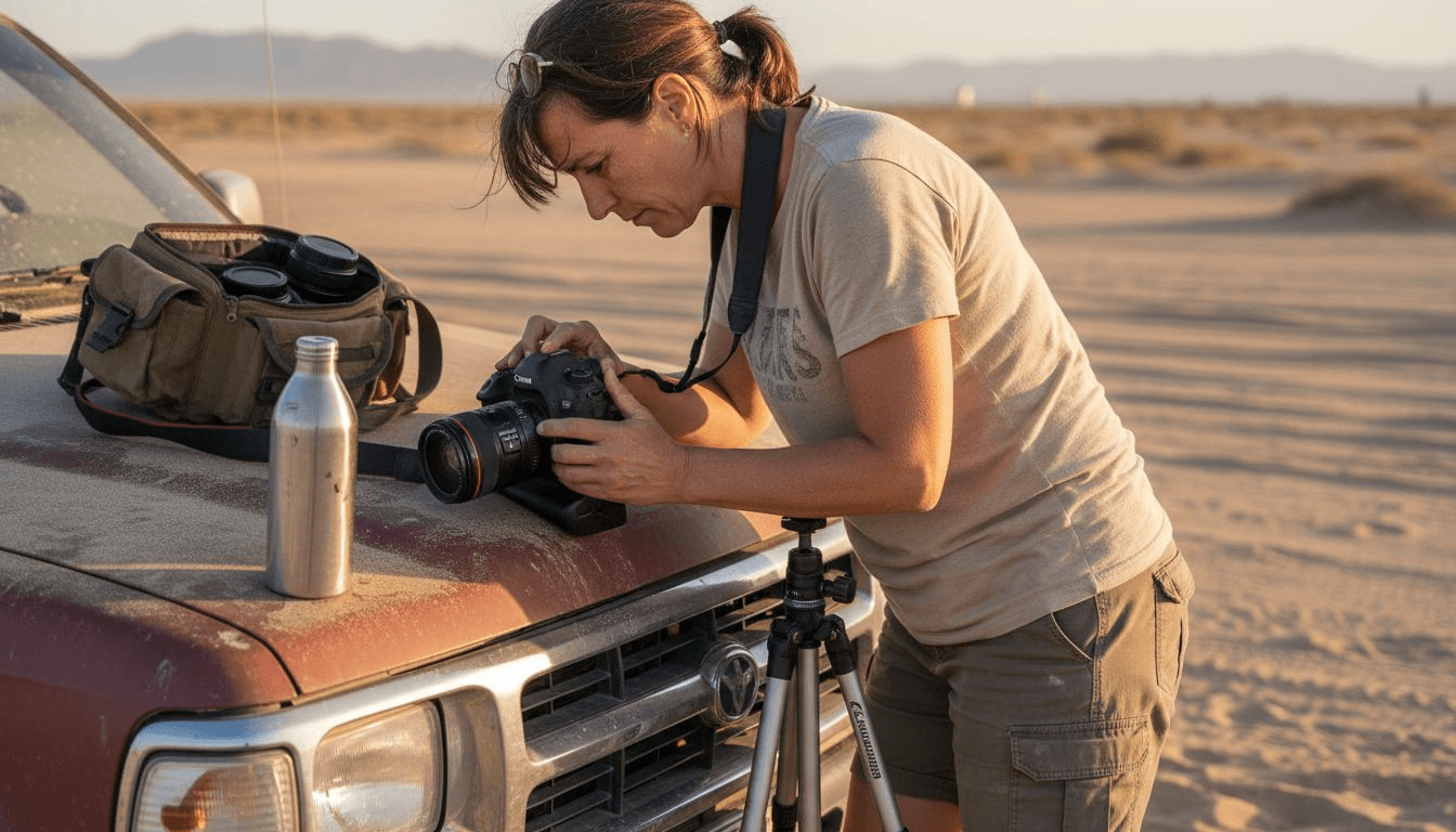Une femme s'apprête à partir en safari en Namibie et vérifie son appareil photo, prête à immortaliser chaque instant.