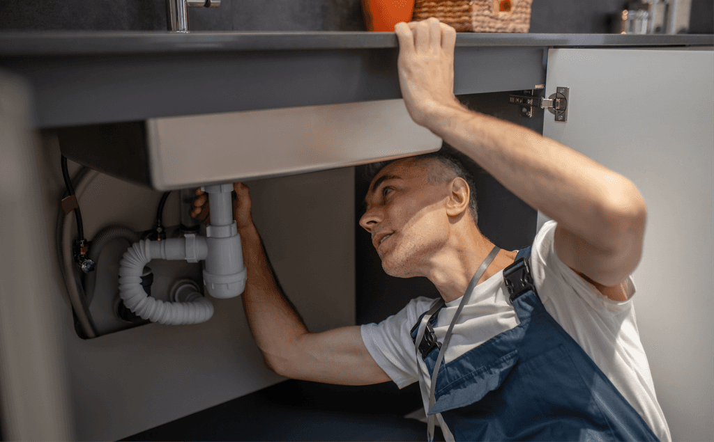 Plumber working under a sink, repairing the pipes. The plumber is wearing overalls and looking up. Plumbing and repair service.