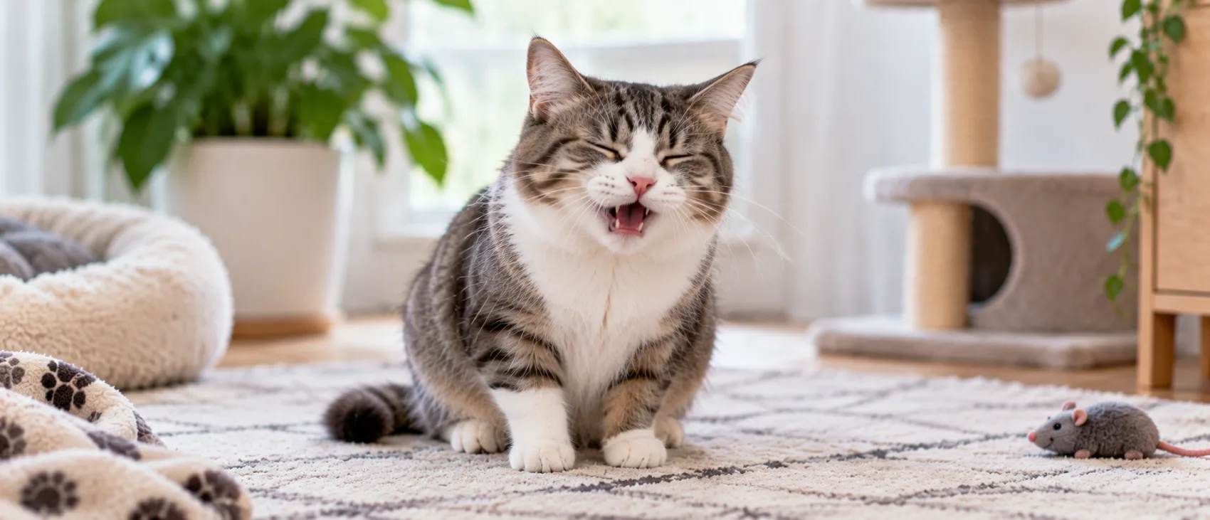 A tabby cat about to sneeze.