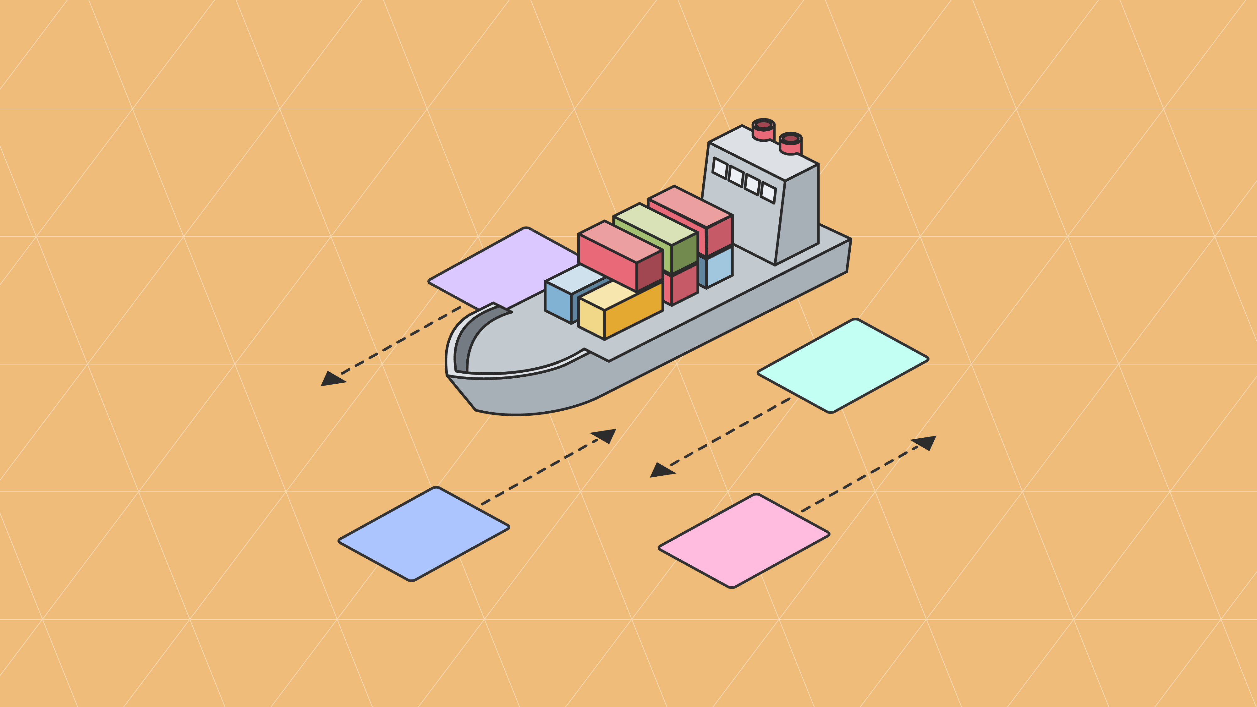Isometric illustration of a cargo ship with colourful shipping containers, surrounded by floating document icons connected by dashed arrows, representing EDI shipping transactions in a freight workflow.