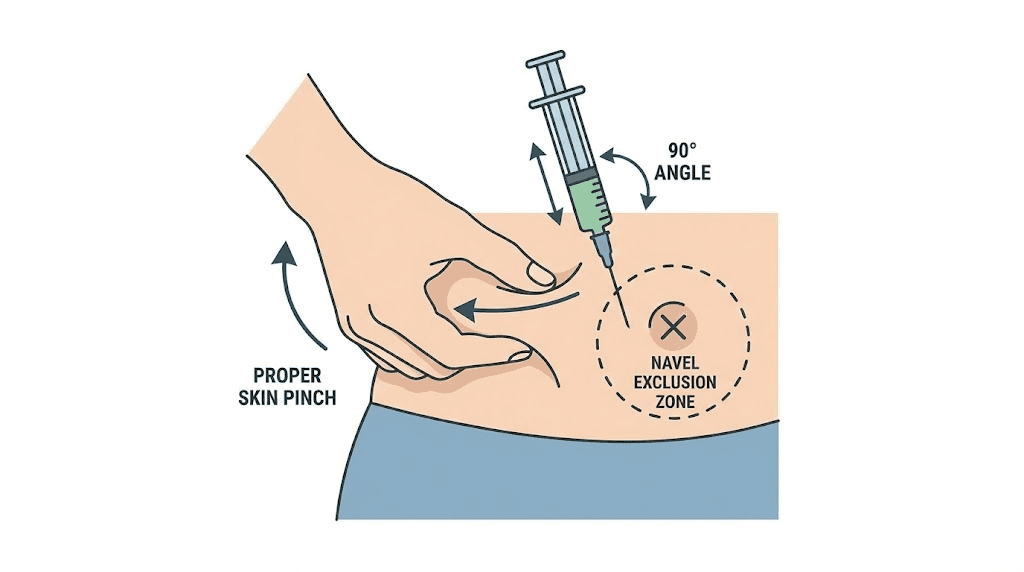 How to inject GLP-1 in abdomen showing proper technique and belly button exclusion zone