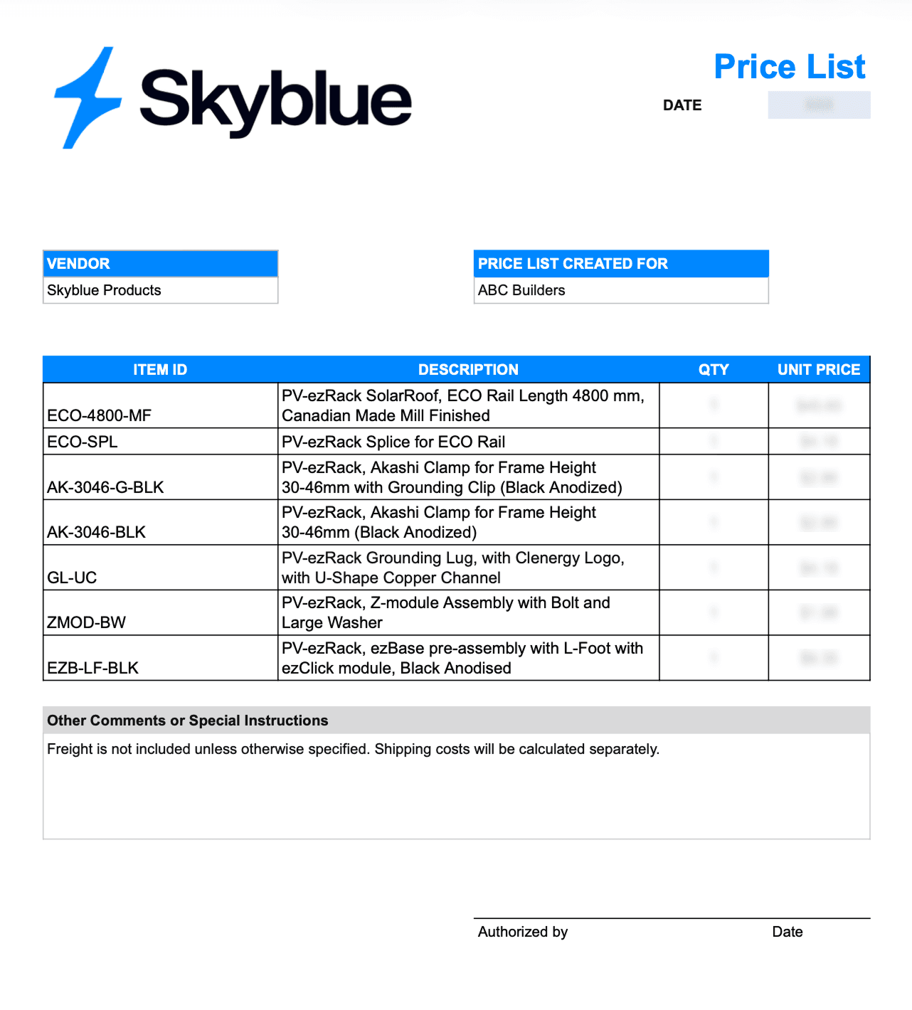 Skyblue solar project price list
