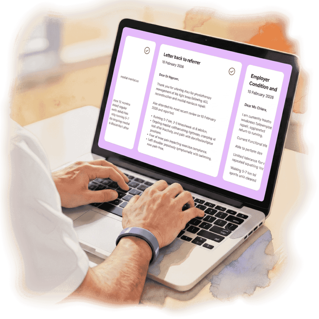 A physiotherapist is on his laptop, using Preve, where all the important patient documents are ready and set to be sent.