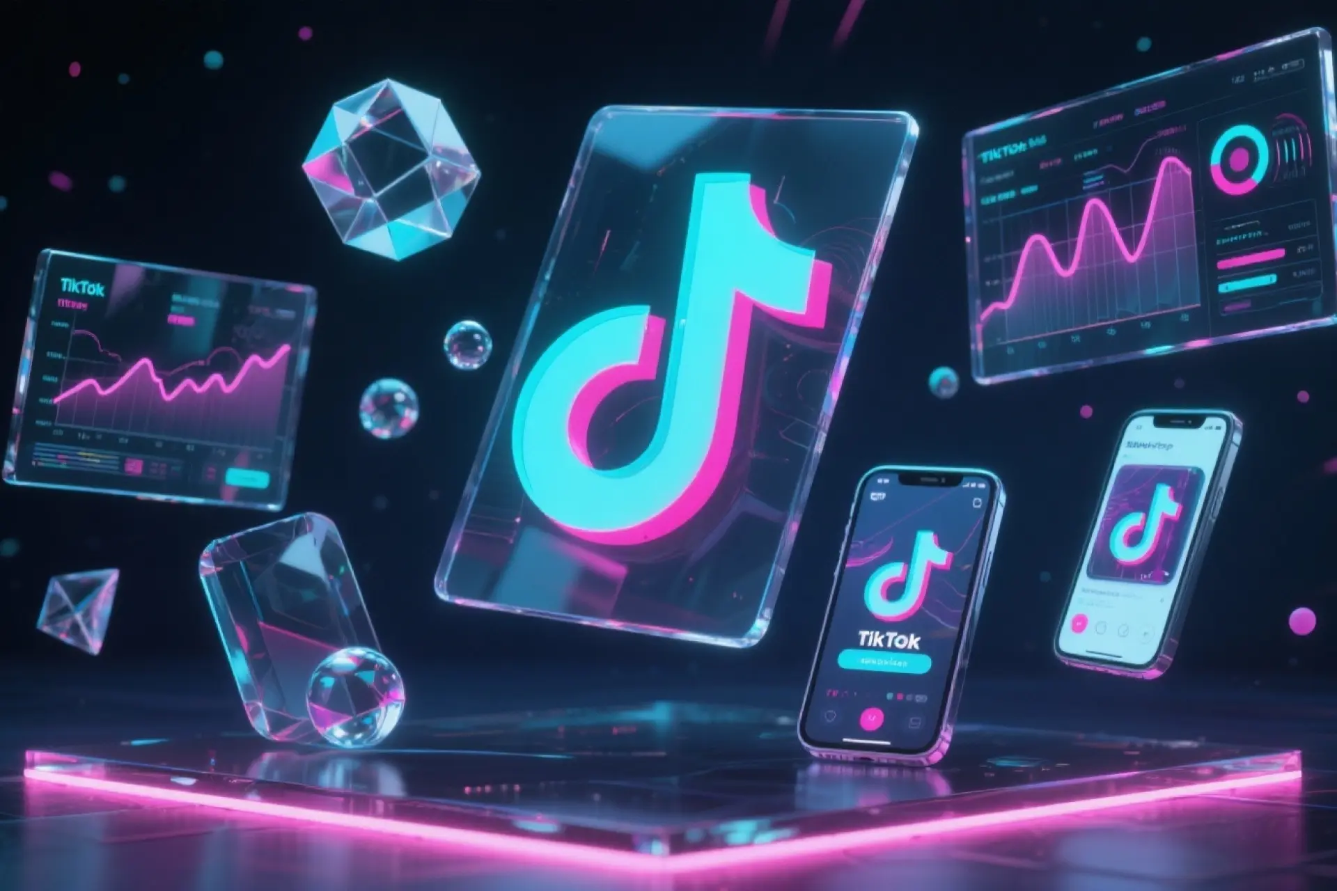 TikTok Shop ACE framework analytics displayed on transparent glass 3D interfaces with neon data visualizations