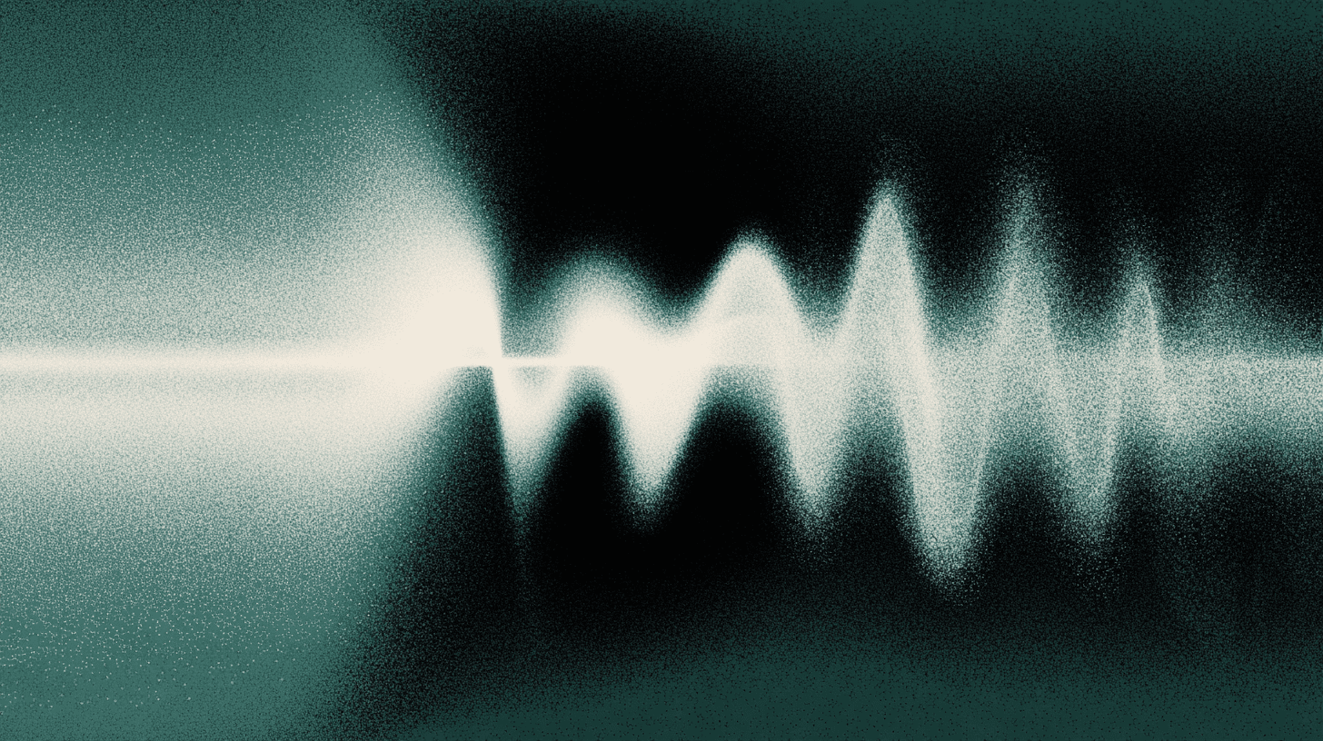 Abstract glowing soundwave on a dark teal background, representing audio segmentation and speaker tracking.