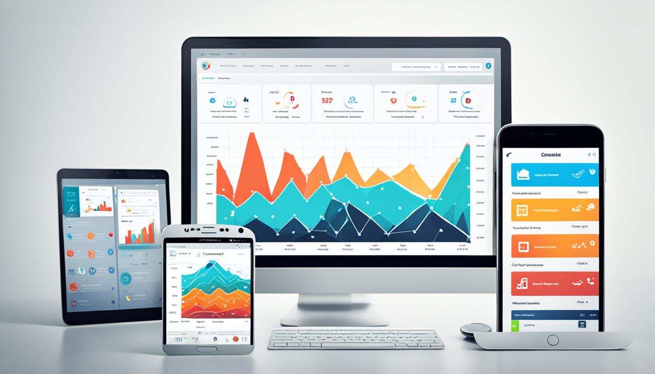 Visualize the comparison of mobile and desktop social media usage by depicting them side by side, with each device having its own color scheme. Use simple geometric shapes to represent the devices and show the flow of data between them through connecting lines and arrows. Use contrasting colors to highlight the difference in usage statistics, such as larger arrows for mobile and smaller arrows for desktop. Show the popularity of various social media platforms by varying the density of symbols for each platform on each device.