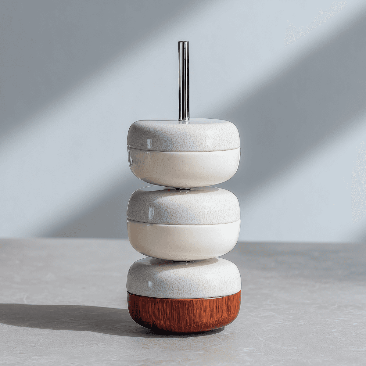 Stack of three ceramic containers with wooden base and metal handle on a grey surface against a light grey background.