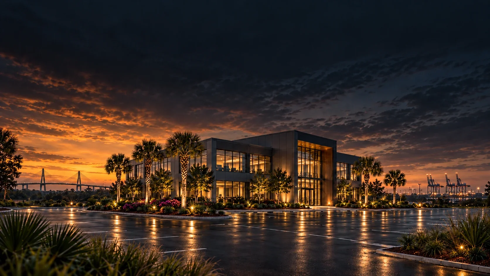 Conceptual coastal commercial architecture at sunset